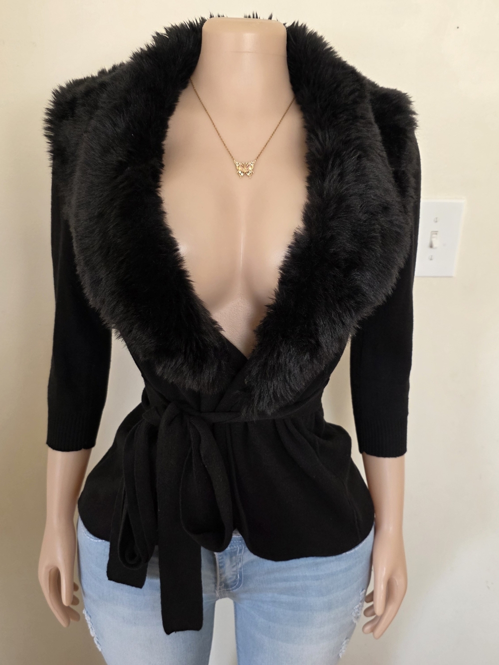 The Limited Black Fur Collar Wrap Cardigan